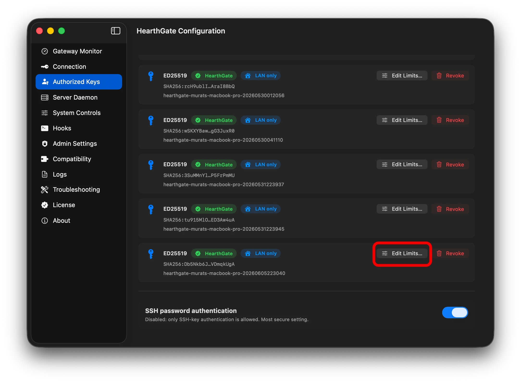 HearthGate Per-Key Limits Open Edit Limits
