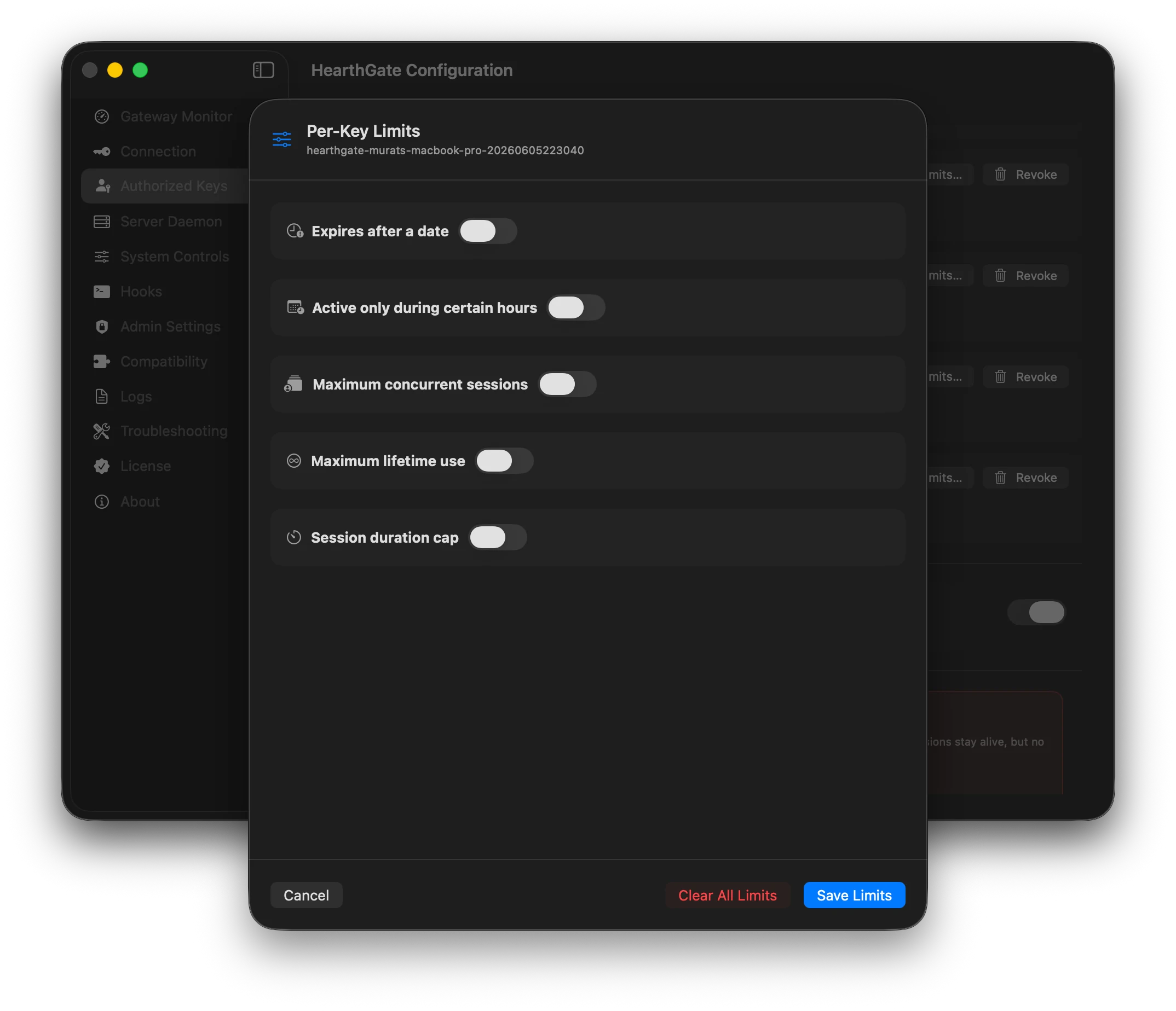HearthGate Per-Key Limits Choose the limits