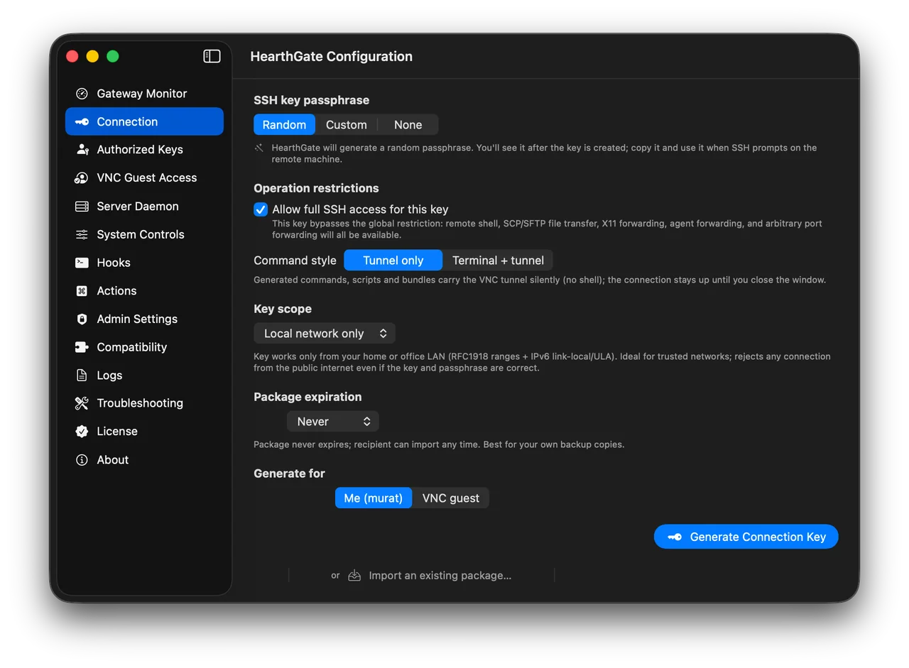 HearthGate Connection key restrictions and per-key access settings