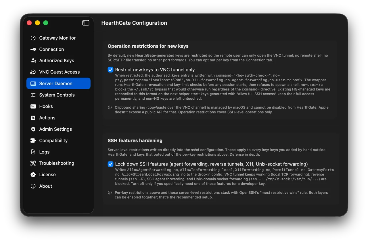 HearthGate Server Daemon global SSH hardening settings