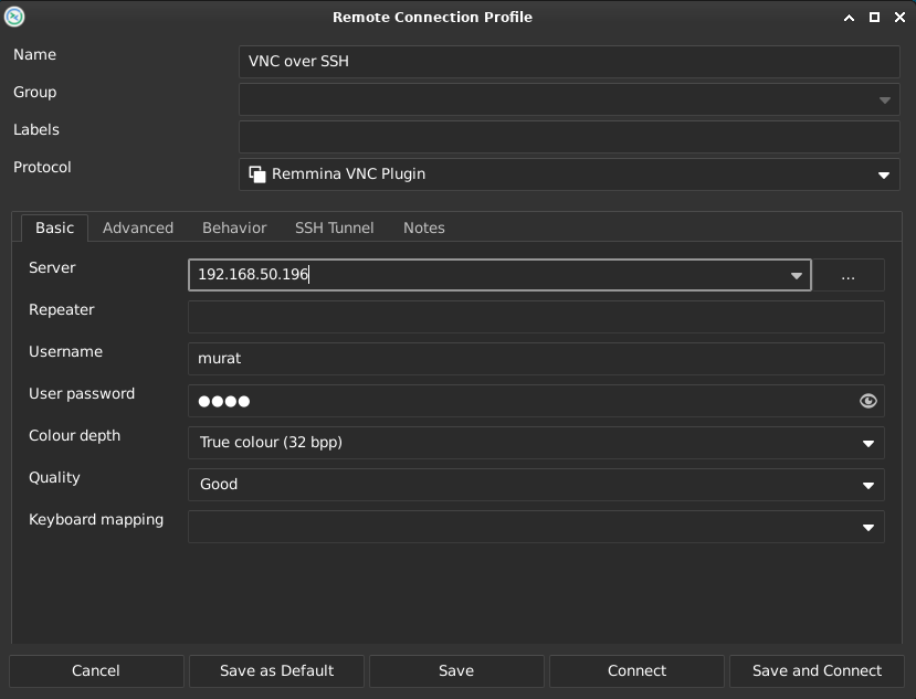 Remmina (FreeBSD) step 7: Set the VNC profile server