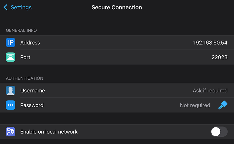 Screens (iOS) step 2: Turn on Secure Connection