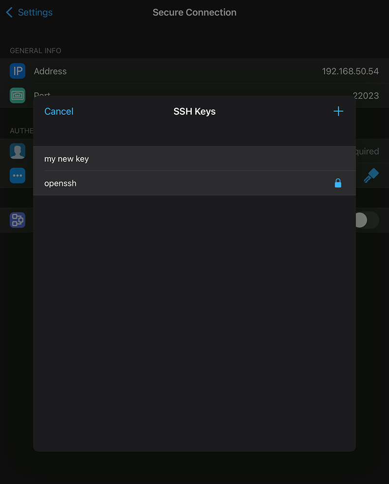 Screens (iOS) step 3: Select the HearthGate SSH key