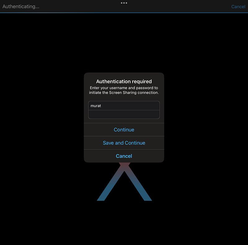 Screens (iOS) step 4: Authenticate to macOS Screen Sharing