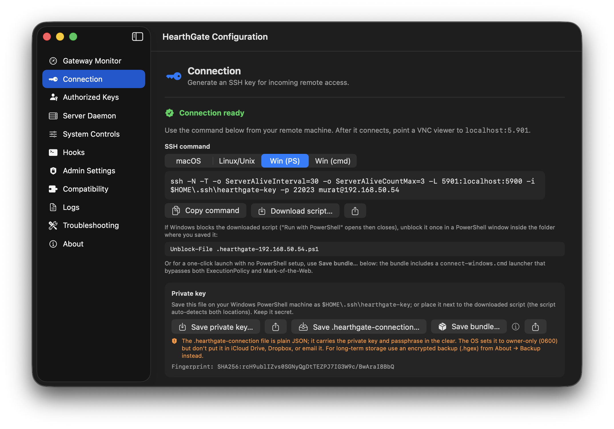 TightVNC (Windows) step 2: Save the Windows connection bundle