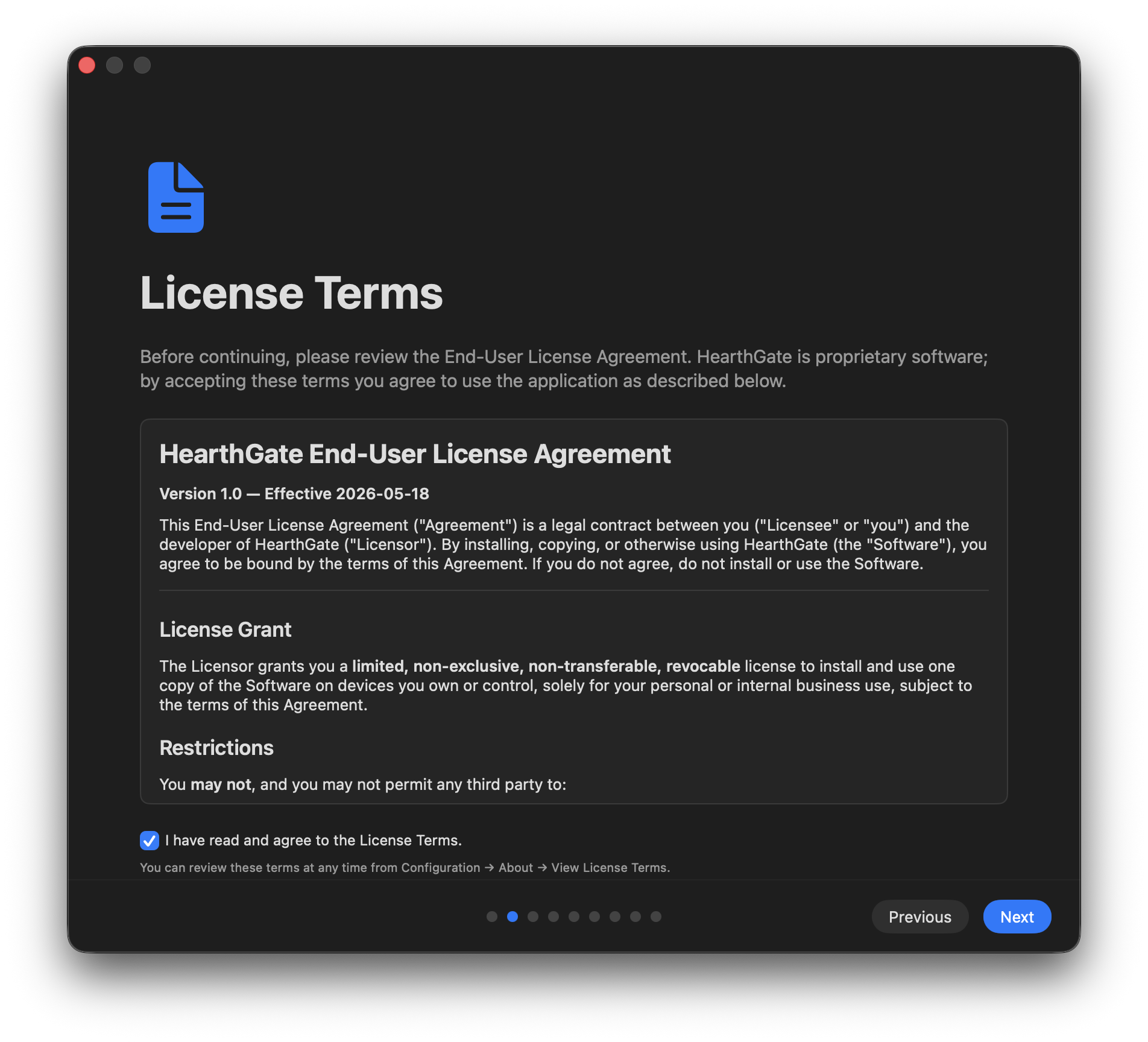 Installation step 2: Review the license terms