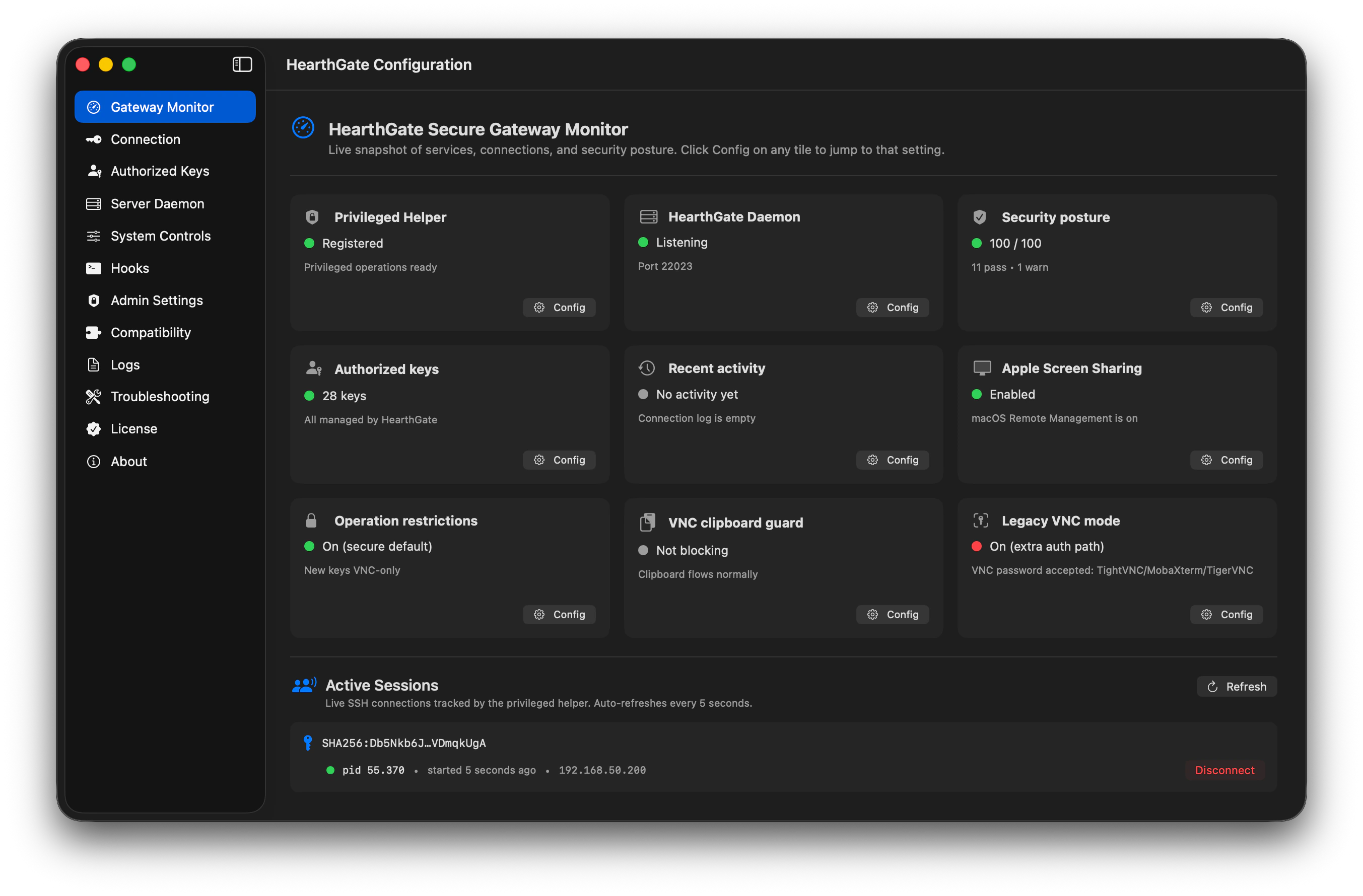 HearthGate main screen showing gateway monitor, connections, settings, and security status
