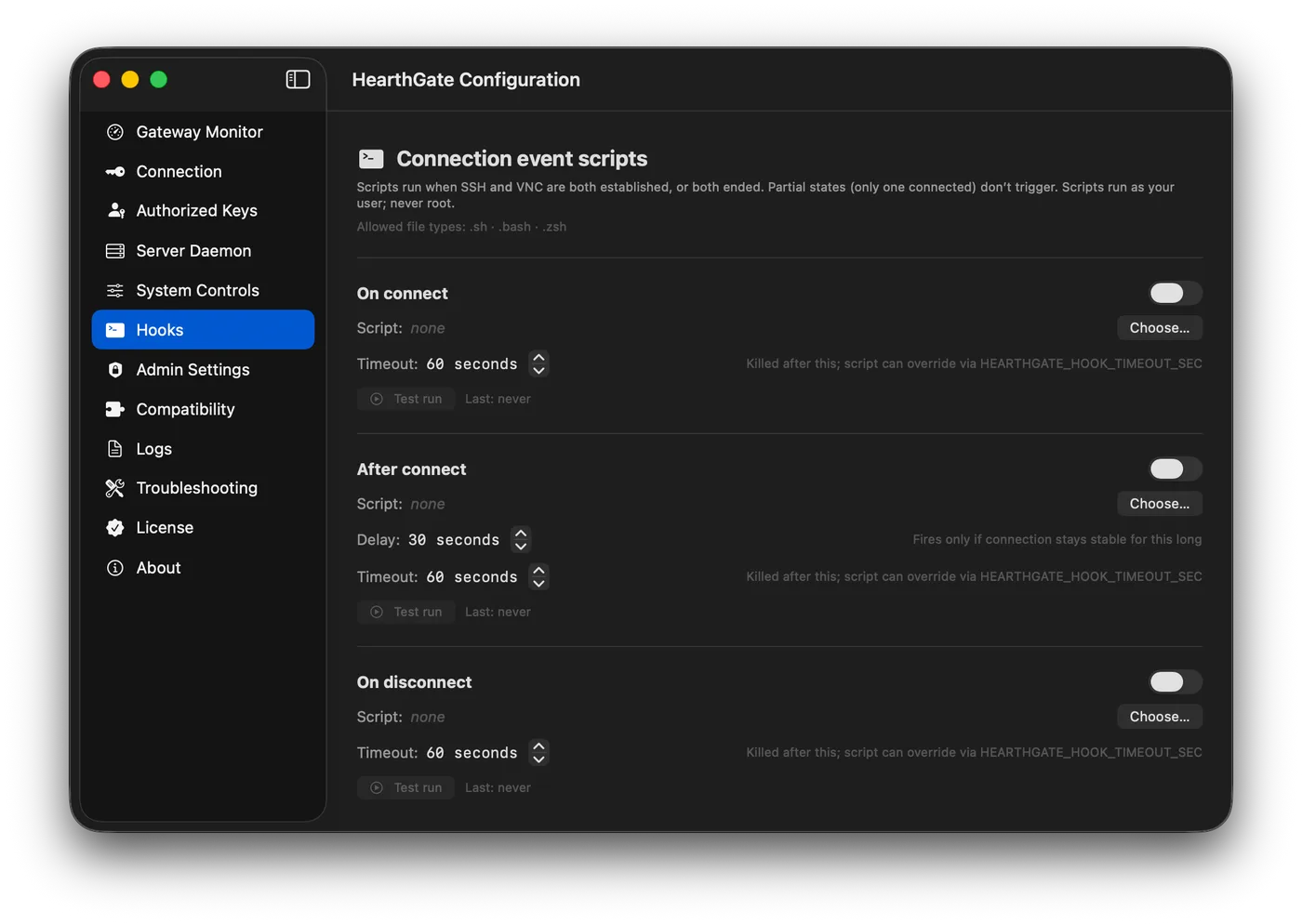 HearthGate Hooks tab showing connect and disconnect script slots