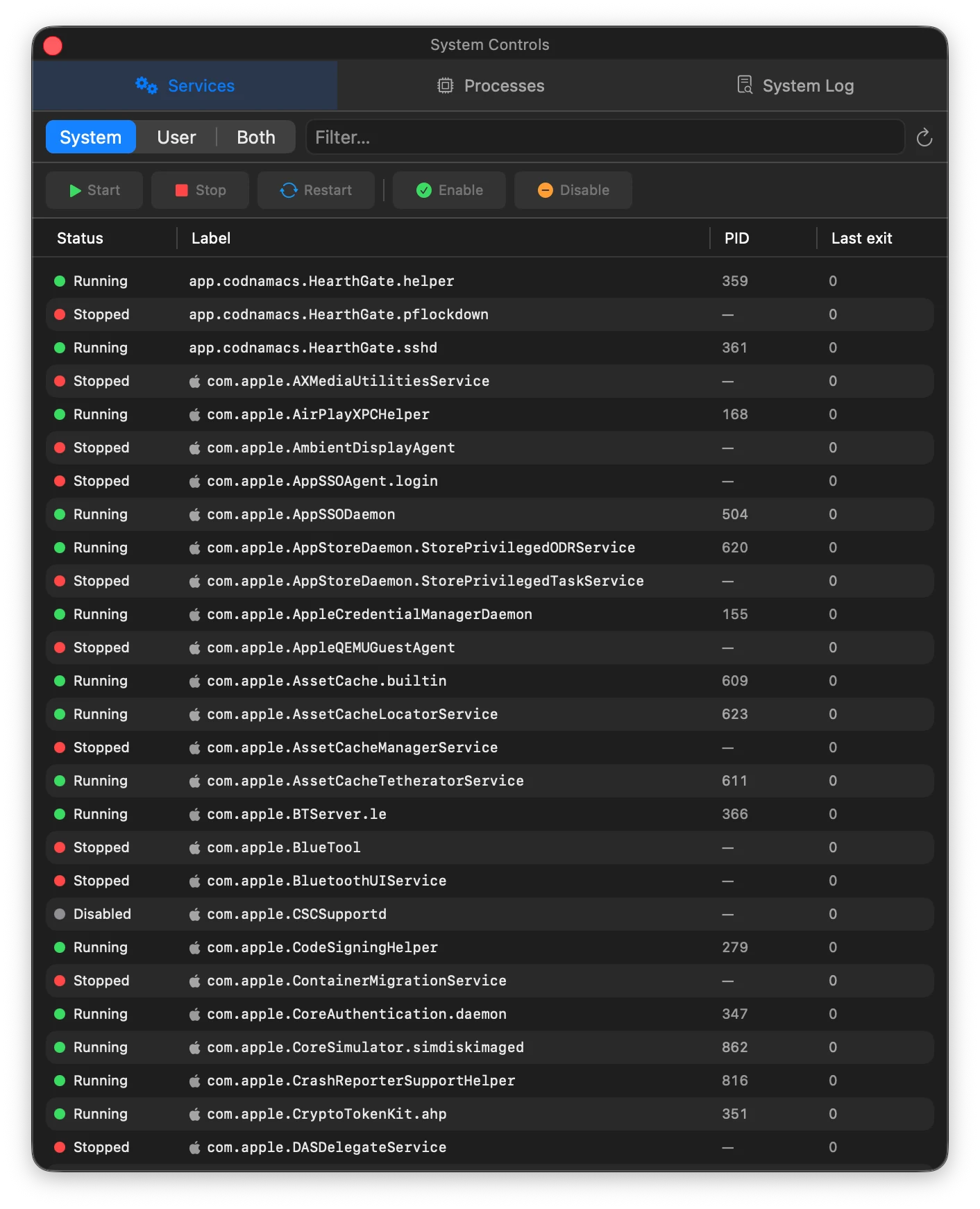 HearthGate System Controls showing services, process controls, and system logs