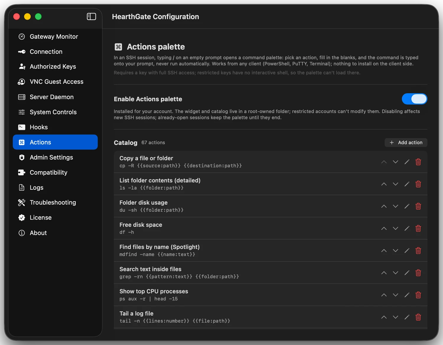 HearthGate Configuration showing the Actions palette with a curated catalog of SSH terminal actions
